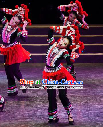 Traditional Chinese Folk Dance Tujia Ethnic Costume, China National Minority Dance Dress Clothing for Women