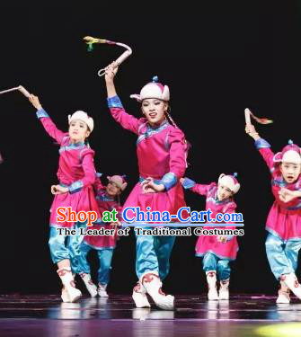 Chinese Traditional Mongol Ethnic Stage Performance Costume, China Nationality Folk Dance Clothing for Children