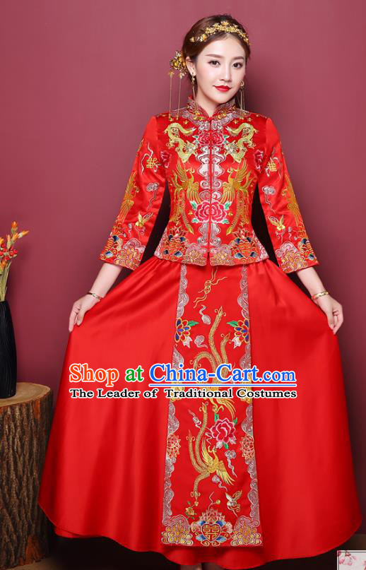 Chinese Ancient Wedding Costume Traditional Bottom Drawer, China Ancient Bride Embroidered Phoenix Xiuhe Suits for Women