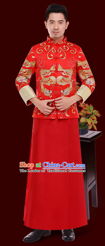 Chinese Traditional Bridegroom Embroidered Wedding Costume China Ancient Tang Suit Red Gown for Men