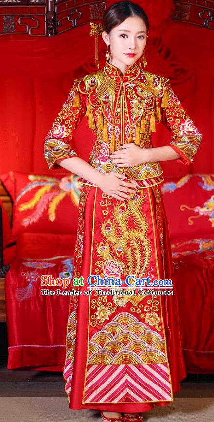 Chinese Ancient Wedding Costume Traditional Bride Dress, China Ancient Toast Clothing Delicate Embroidered Xiuhe Suits for Women