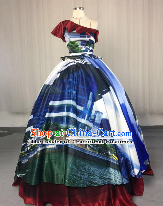 Top Grade Stage Performance Costumes Renaissance Catwalks Printing Full Dress Modern Fancywork Clothing for Women