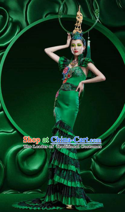 Top Grade Stage Performance Costumes China Style Modern Fancywork Green Full Dress and Headwear for Women