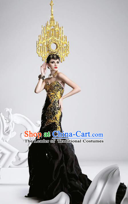 Top Grade Stage Performance Costumes Baroque Modern Fancywork Black Trailing Full Dress and Headwear for Women