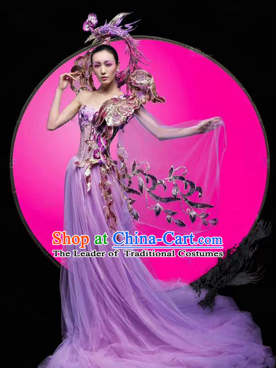 Top Grade Stage Performance Costumes Modern Fancywork Purple Veil Full Dress and Headpiece for Women