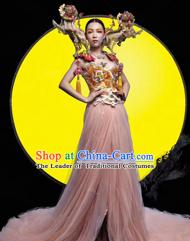 Top Grade Stage Performance Costumes Modern Fancywork Pink Veil Full Dress and Headdress for Women