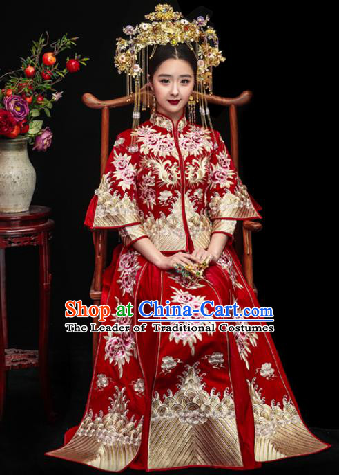 Chinese Traditional Xiuhe Suits Ancient Bride Embroidered Peony Red Bottom Drawer Wedding Costumes for Women