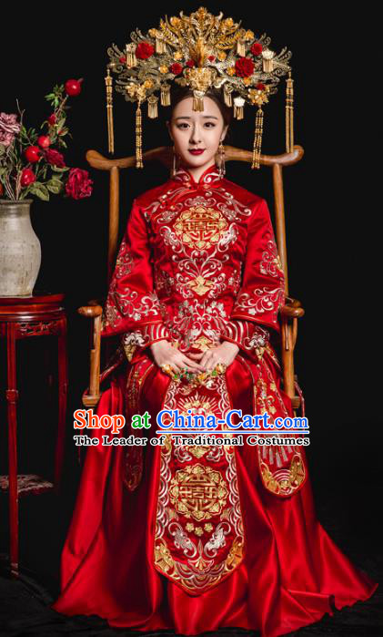 Chinese Traditional Toast Red Xiuhe Suits Ancient Bride Embroidered Bottom Drawer Wedding Costumes for Women