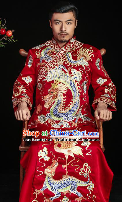 Chinese Traditional Embroidered Dragons Wedding Costume China Ancient Bridegroom Tang Suit Red Gown for Men