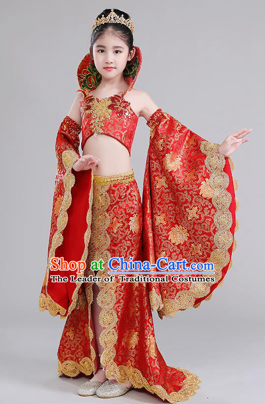 Children Stage Performance Costumes China Style Modern Fancywork Red Full Dress for Kids