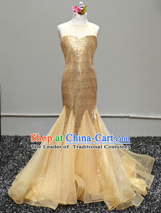 Children Stage Performance Costumes Catwalks Golden Mermaid Dress Modern Fancywork Full Dress for Kids