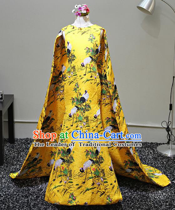 Children Stage Performance Costumes Printing Cranes Yellow Dress Modern Fancywork Full Dress for Kids