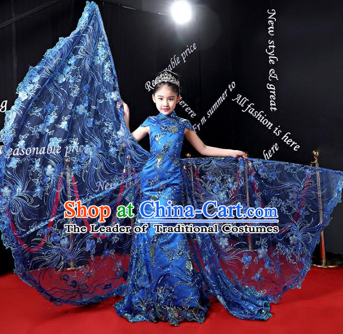 Children Stage Performance Costumes Ballroom Blue Cheongsam Modern Fancywork Full Dress for Kids