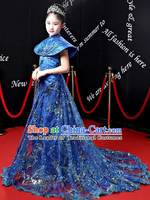 Children Stage Performance Costumes Ballroom Blue Trailing Cheongsam Modern Fancywork Full Dress for Kids