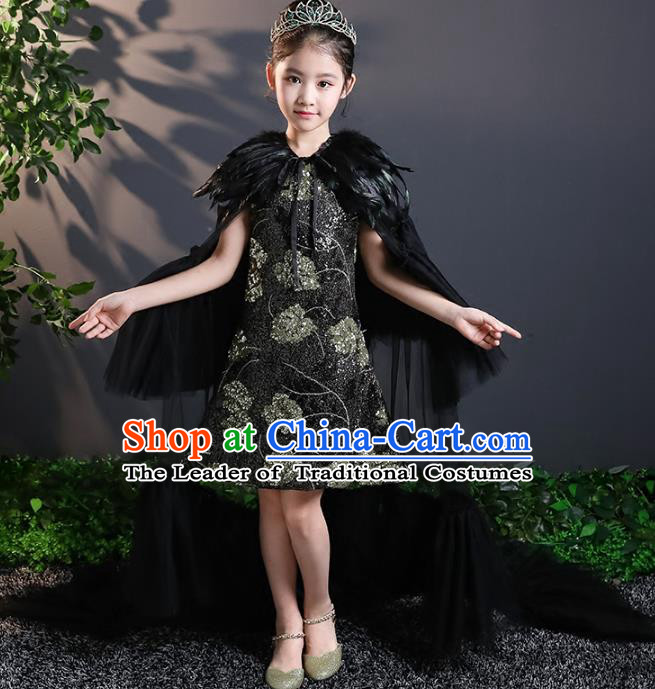 Children Stage Performance Costumes Black Evening Dresses Modern Fancywork Full Dress for Kids