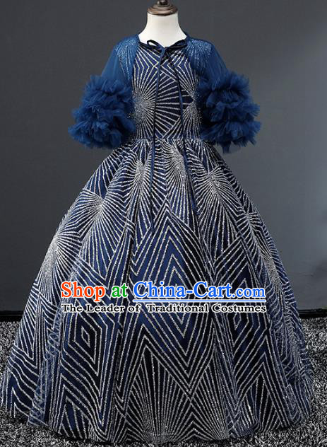Children Stage Performance Costumes Blue Evening Dresses Modern Fancywork Bubble Full Dress for Kids