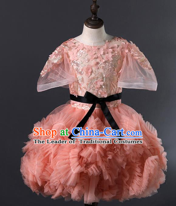 Children Stage Performance Costumes Pink Bubble Evening Dresses Modern Fancywork Full Dress for Kids