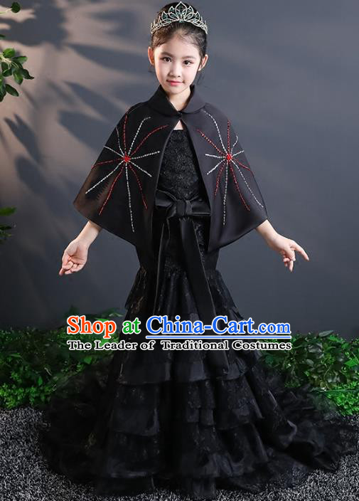 Top Grade Stage Performance Costumes Black Lace Mermaid Dress Modern Fancywork Full Dress for Kids