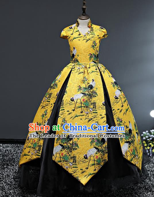 Top Grade Stage Performance Costumes Printing Cranes Bubble Dress Modern Fancywork Full Dress for Kids