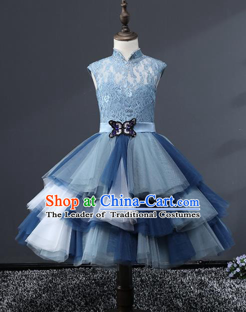 Top Grade Stage Performance Costumes Blue Veil Bubble Dress Modern Fancywork Full Dress for Kids