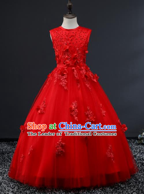 Top Grade Stage Performance Costumes Compere Red Bubble Dress Modern Fancywork Full Dress for Kids