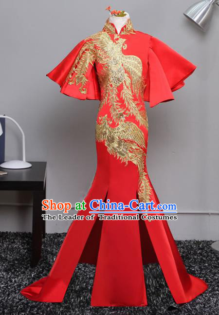Top Grade Stage Performance Costumes Compere Red Cheongsam Modern Fancywork Full Dress for Kids