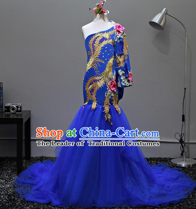 Top Grade Stage Performance Costumes Compere Embroidered Blue Mermaid Dress Modern Fancywork Full Dress for Kids