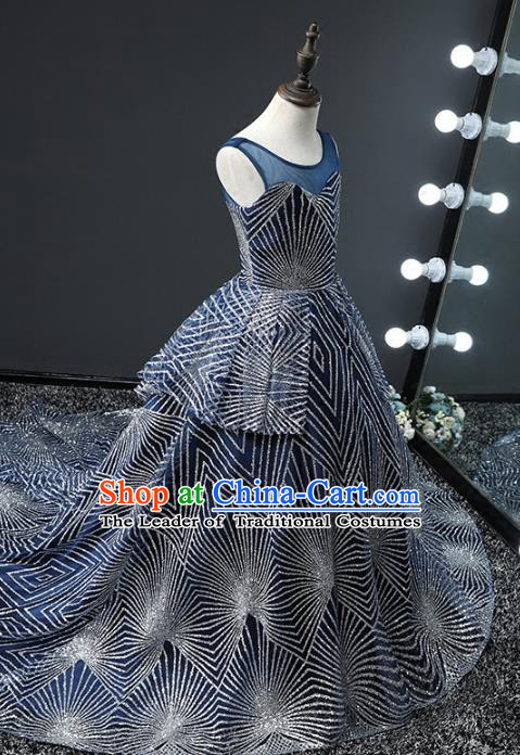 Top Grade Stage Performance Costumes Compere Blue Trailing Dress Modern Fancywork Full Dress for Kids