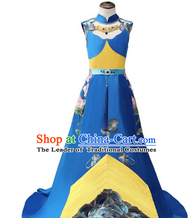 Top Grade Stage Performance Costumes Compere Blue Trailing Cheongsam Modern Fancywork Full Dress for Kids