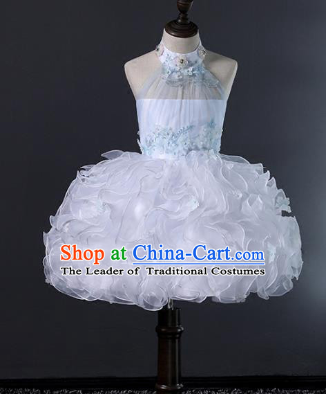 Top Grade Stage Performance Costumes Compere White Bubble Dress Modern Fancywork Full Dress for Kids