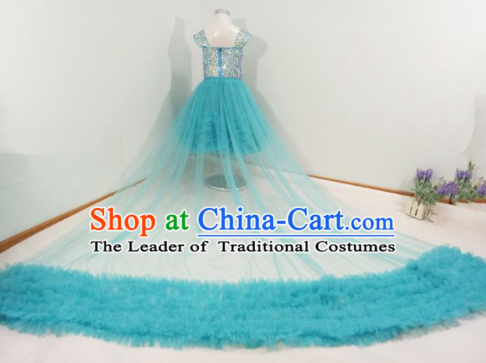 Top Grade Stage Performance Costumes Compere Blue Bubble Dress Modern Fancywork Full Dress for Kids