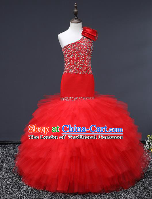 Top Grade Stage Performance Costumes Baroque Princess Red Dress Modern Fancywork Full Dress for Kids