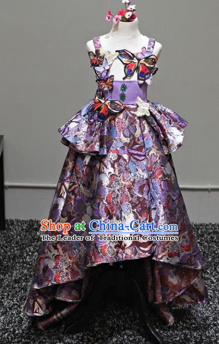 Top Grade Stage Performance Costumes Catwalks Purple Dress Modern Fancywork Full Dress for Kids
