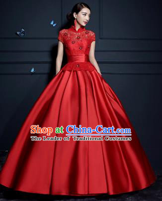 Top Grade Advanced Customization Wedding Dress Red Satin Bridal Full Dress Costume for Women