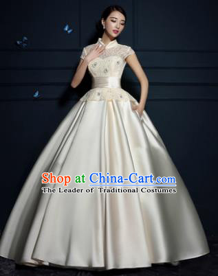 Top Grade Advanced Customization Wedding Dress Champagne Satin Bridal Full Dress Costume for Women
