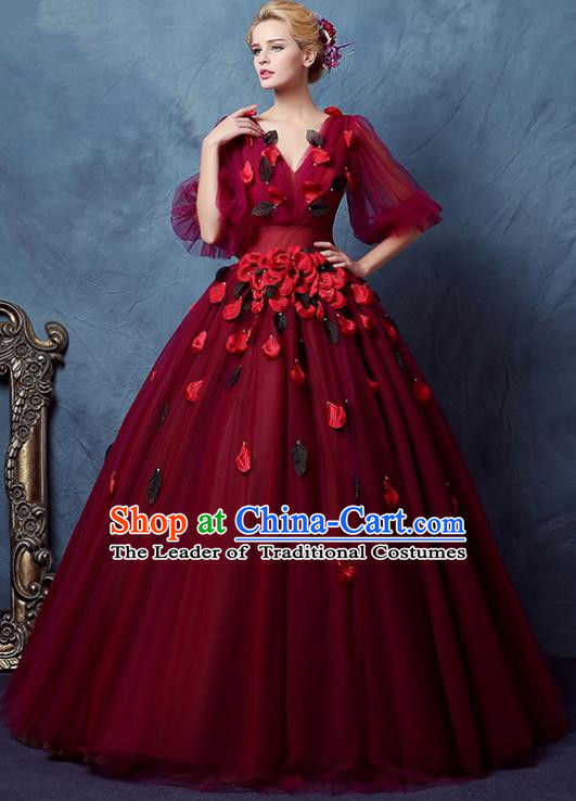 Top Grade Advanced Customization Wedding Dress Princess Dress Wine Red Bridal Veil Full Dress Costume for Women