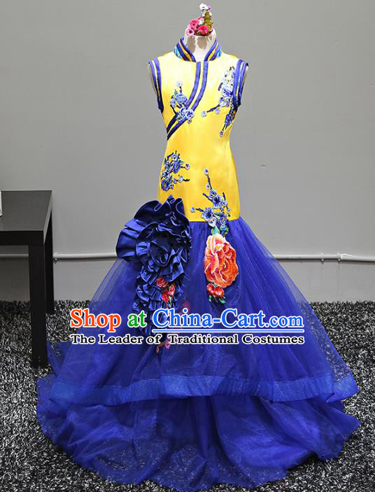Top Grade Stage Performance Costumes Catwalks Cheongsam Blue Veil Dress Modern Fancywork Full Dress for Kids