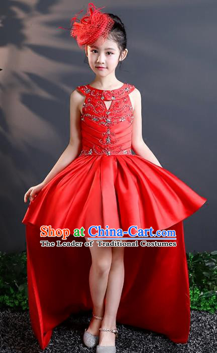 Top Grade Stage Performance Costumes Catwalks Red Trailing Dress Modern Fancywork Full Dress for Kids