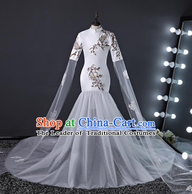 Top Grade Stage Performance Costumes Compere Trailing Cheongsam Modern Fancywork Full Dress for Kids