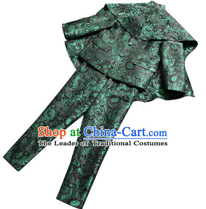 Top Grade Stage Performance Costumes Children Compere Green Suits Modern Fancywork Clothing for Kids