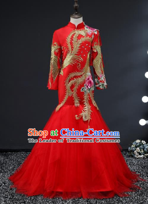 Top Grade Compere Stage Performance Costumes Children Catwalks Red Cheongsam Modern Fancywork Full Dress for Kids