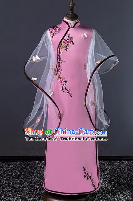 Top Grade Compere Costumes Children Stage Performance Catwalks Pink Cheongsam Modern Fancywork Full Dress for Kids