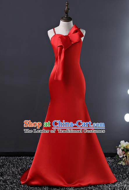 Top Grade Compere Costumes Children Stage Performance Red Trailing Dress Modern Fancywork Full Dress for Kids