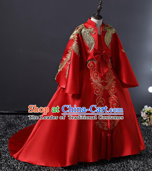 Top Grade Compere Costumes Children Stage Performance Red Trailing Dress Modern Fancywork Full Dress for Kids