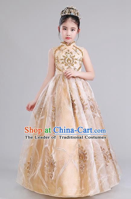Top Grade Compere Costumes Children Golden Princess Dress Modern Fancywork Full Dress for Kids