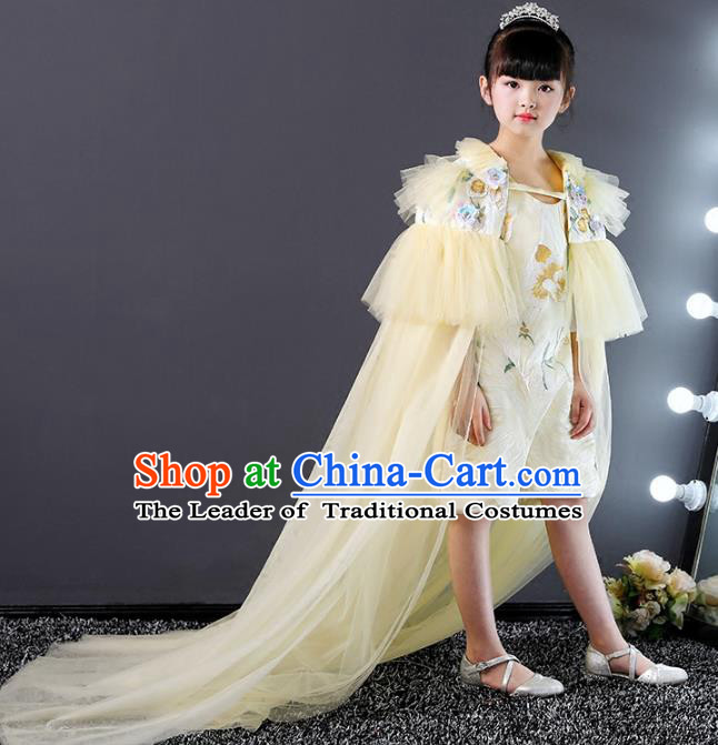 Top Grade Compere Costumes Children Yellow Veil Mullet Dress Modern Fancywork Full Dress for Kids