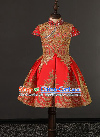 Top Grade Compere Costumes Children Red Embroidered Dress Modern Fancywork Full Dress for Kids