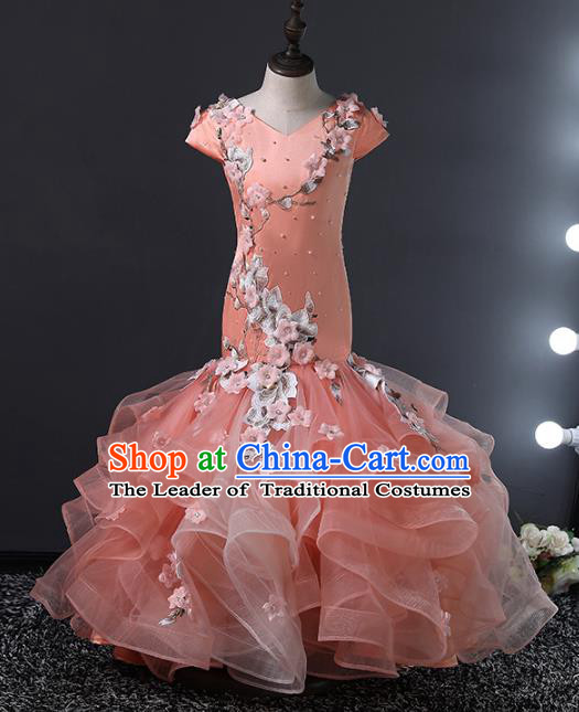 Top Grade Compere Costumes Children Embroidered Fishtail Dress Princess Dress Modern Fancywork Full Dress for Kids