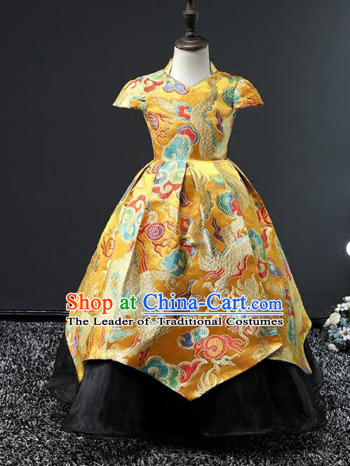Top Grade Compere Stage Performance Costumes Children Catwalks Embroidered Dragon Cheongsam Modern Fancywork Full Dress for Kids