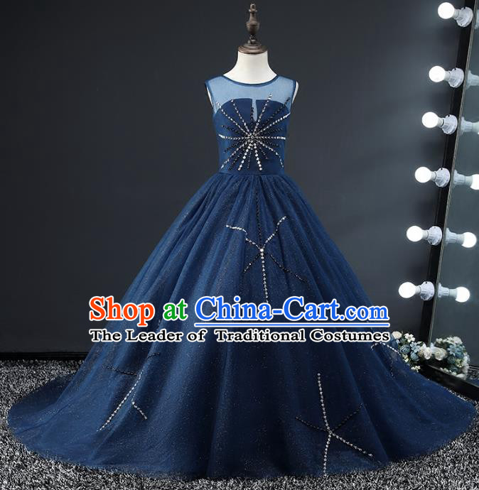 Top Grade Compere Costumes Children Stage Performance Catwalks Deep Blue Mullet Dress Modern Fancywork Full Dress for Kids
